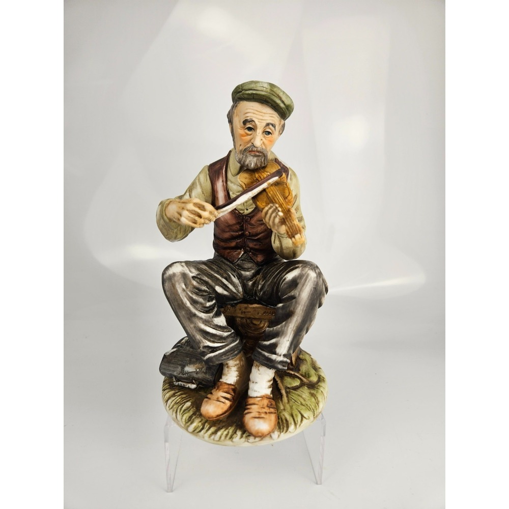 Vintage Violin Player Figurine Seated Musician Rustic Village Scene